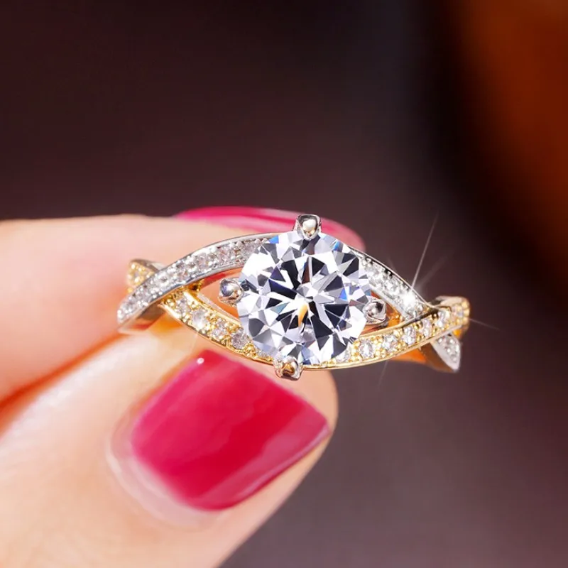 Huitan Cross Rings Claws Setting Cubic Zirconia for Women Trendy Wedding Band Accessories Two Tone Chic Jewelry