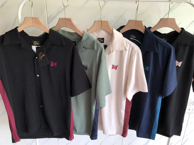 New Needles Embroidery Butterfly Patchwork Shirts Men Women Summer Style AWGE Shirt Top Tees Inside Tag