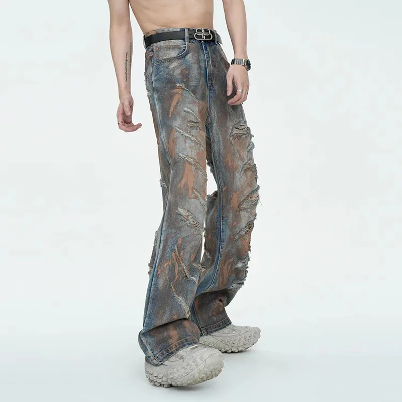 FEWQ American Style Men Jeans Autumn Trend Streetwear 2025 Niche Men Torn Holes Painted Old Pants 2023 Male new Trouser 24X2108