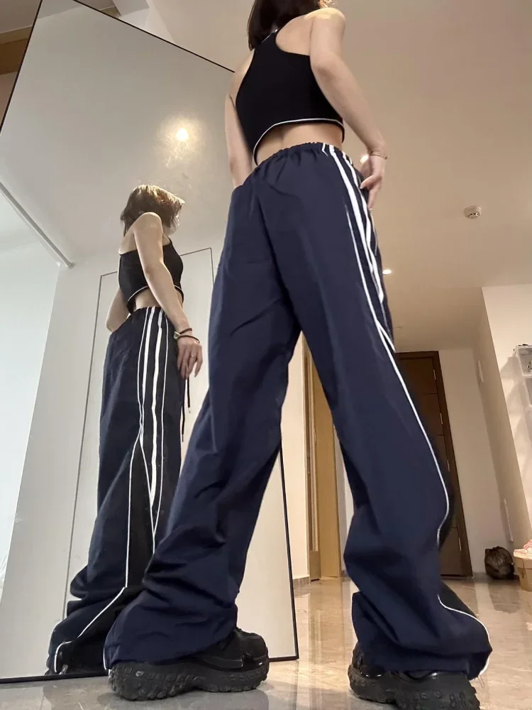 HOUZHOU Vintage Y2k Track Pants Women Hip Hop Gyaru Wide new Leg Sports Pants 2025 Casual Oversized Parachute Trousers Korean Streetwear