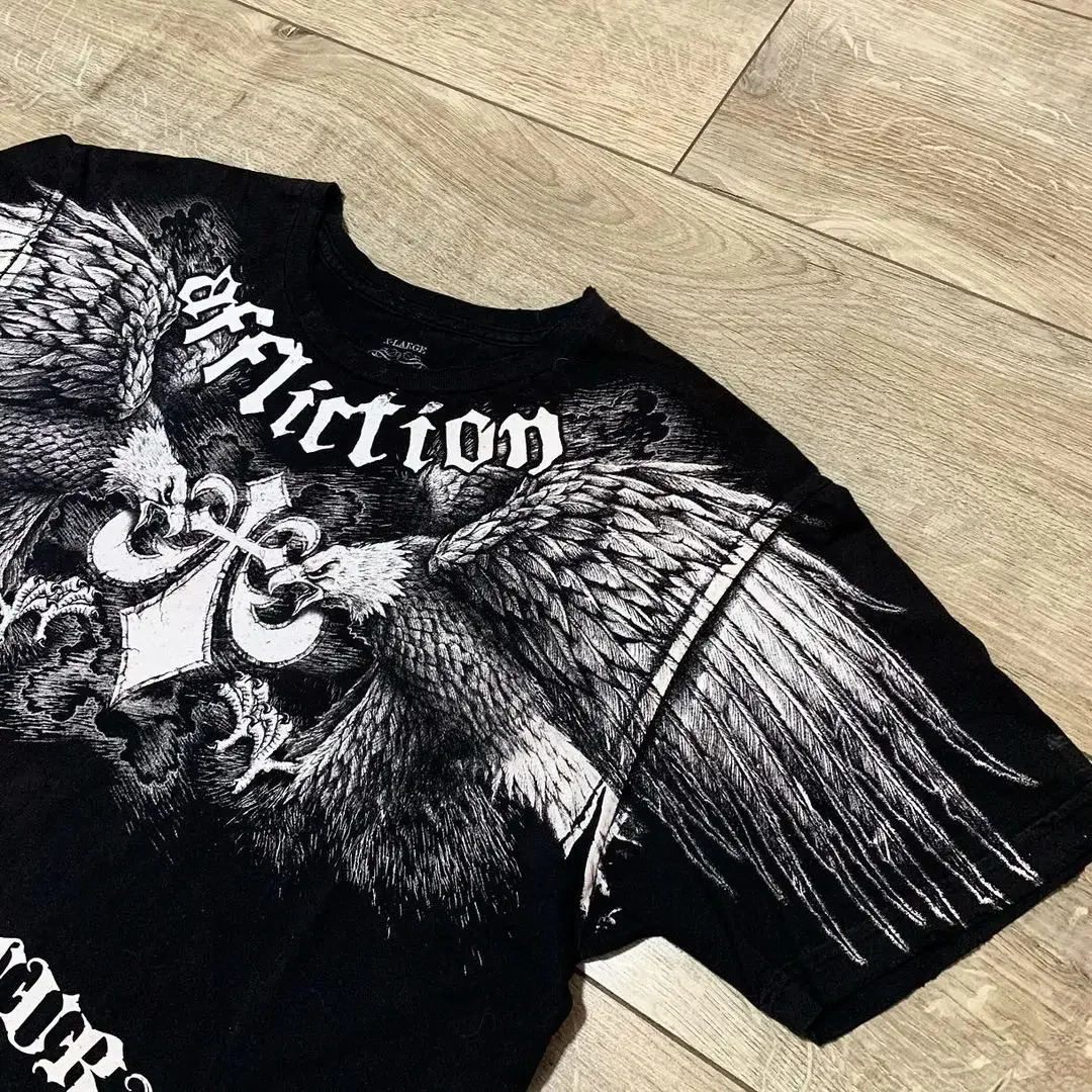 Gothic Retro T Shirt Men Y2K Harajuku Hip Hop Pattern Printed Round Neck American Street Rap Women Cotton Short Sleeve 240327