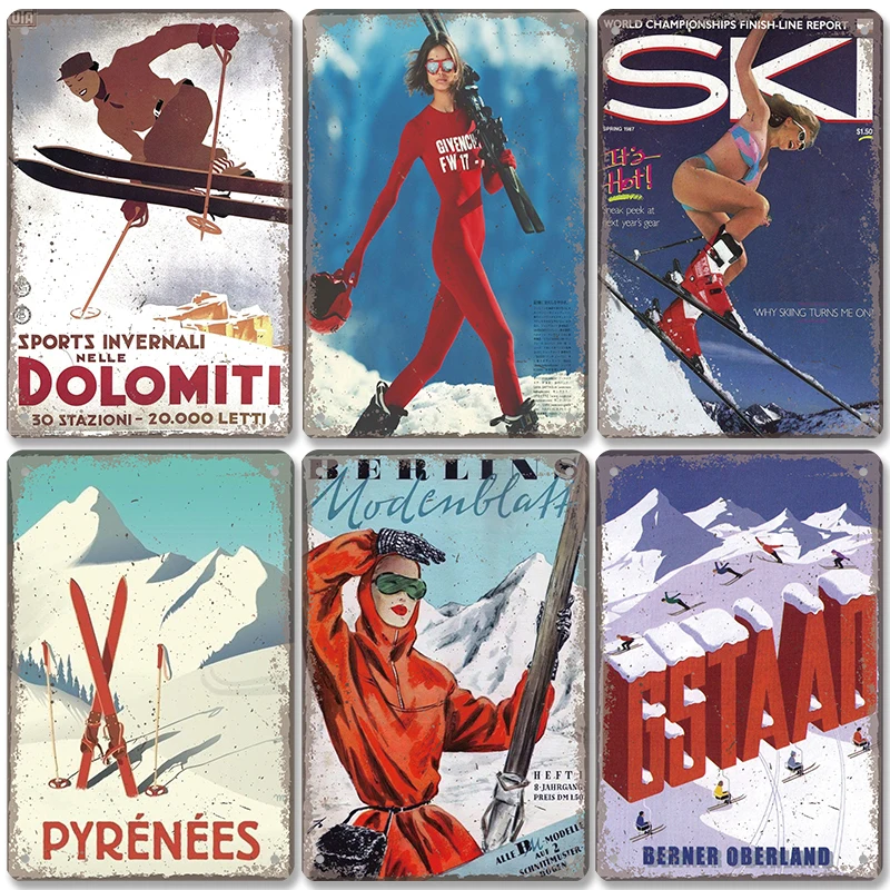 Sports Vintage Poster Skiing Metal Plaque Signs Alpine Skiing Beauty Metal Tin Plate Retro Wall Decor for Ski Club Bar Pub Home smile