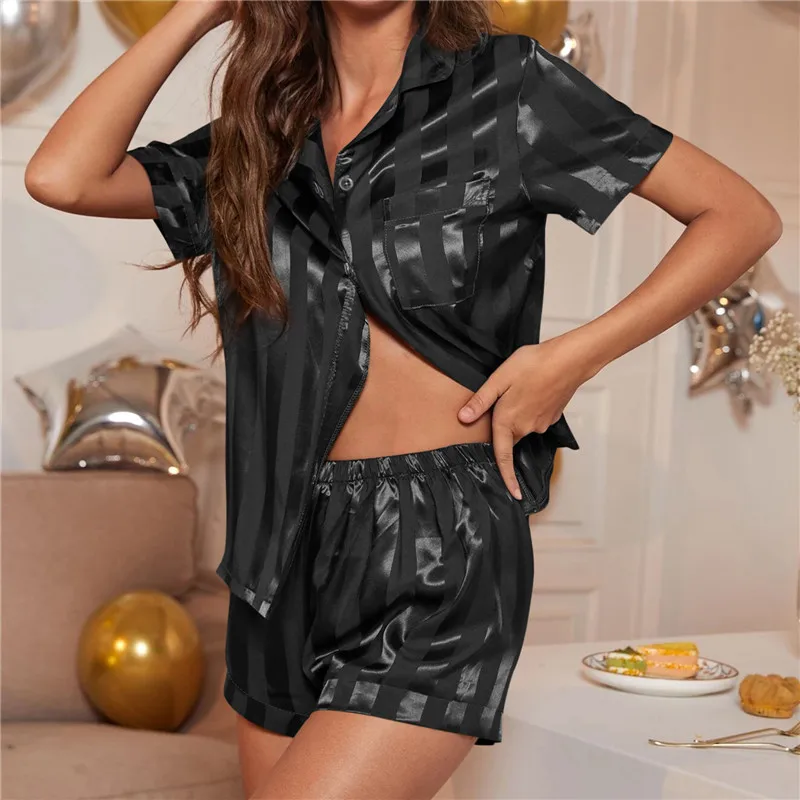 Pama Set Color Women'sStriped Solid French Silk Satin Pamas Sets Two Piece Short Set Women Comfortable Home Pamas Clothing ddmysmile