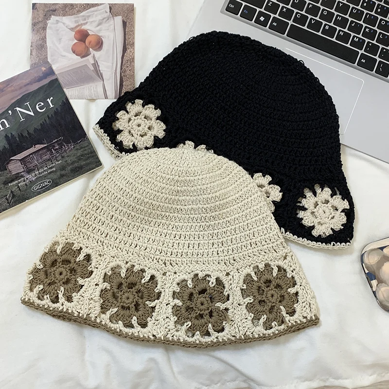 Korean Niche Designer Hand-knitted Bucket Hat Spring and Summer Hollow Woven Flower Basin Cap Show Small Face Retro Women's Hats