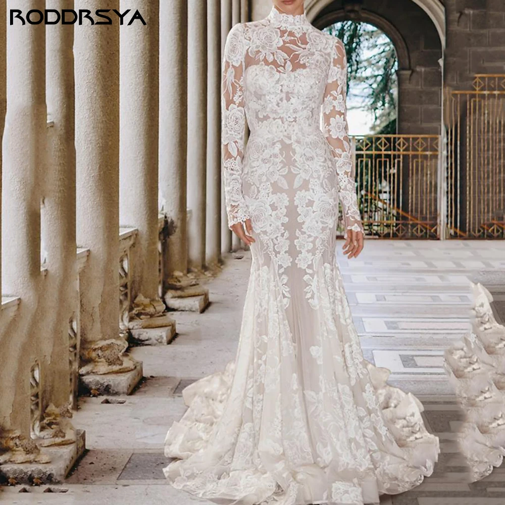 Mermaid Trumpet Wedding Dresses High Neck Court Train Lace Tulle Long Sleeve Romantic Sexy See-Through with Appliques Party