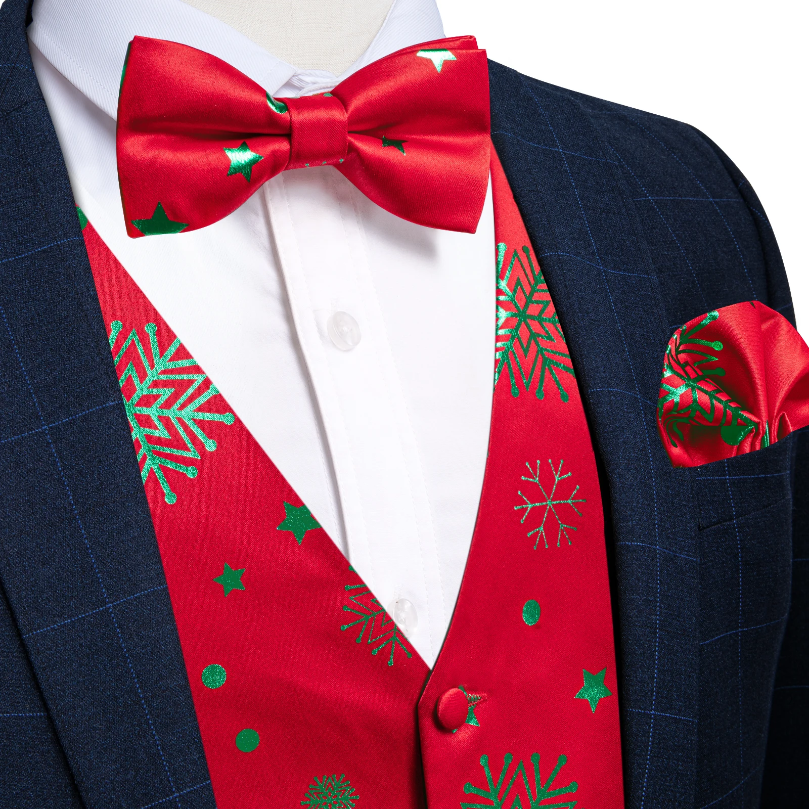 Red ddmysmile Green Snowflake New Ball Christmas Silk Men Waistcoat Tie Handkerchief Cufflinks Set Family Party Men Clothing Smile