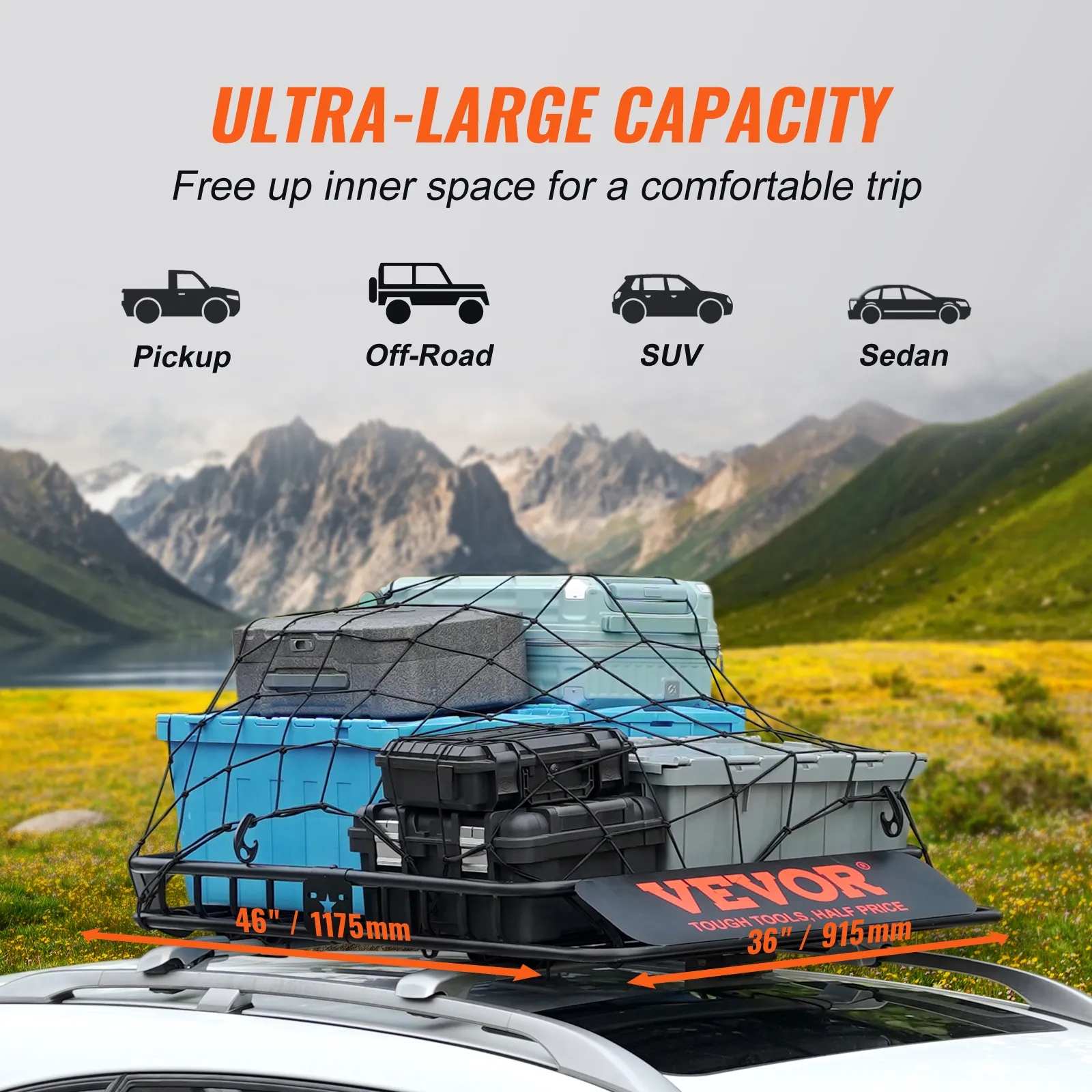 VEVOR Roof Rack Cargo Basket 46"x36"x4.5" / 51"x36"x5" Rooftop Cargo Carrier Heavy-Duty 200 LBS Capacity for SUV Truck V
