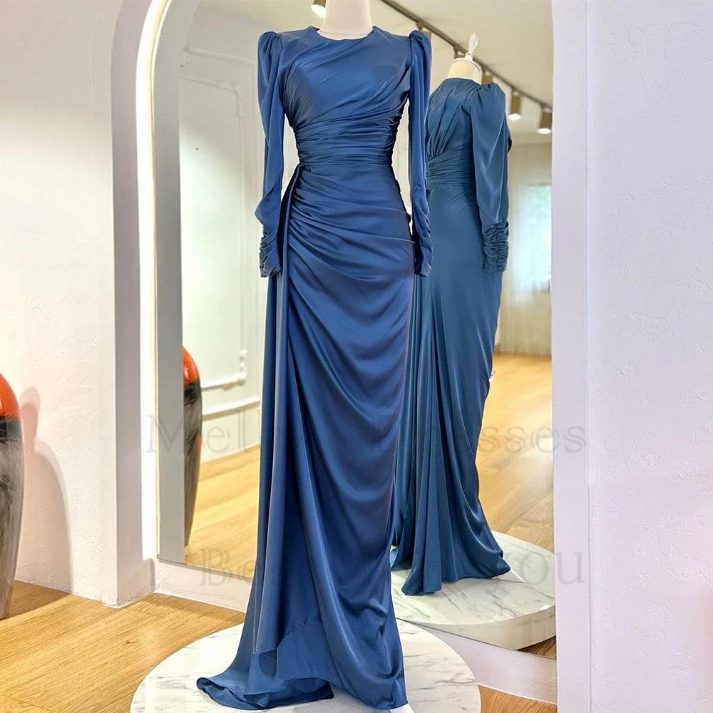 White Scoop Evening Dresses for Women Full Sleeve Satin Prom Gowns Summer New Rea Picture Vestido De Noche