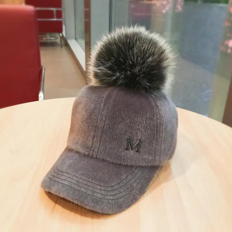 Winter thickened ladies fur ball hat letter M Baseball Cap retrro caps women bone gorras curved fitted washed vintage dad hats