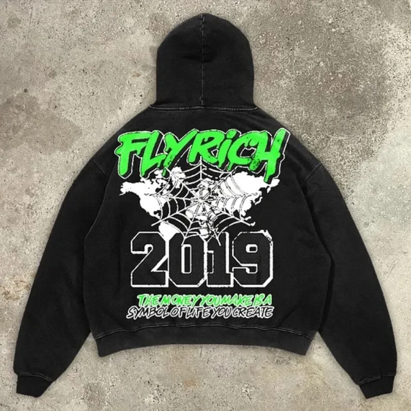 Y2K Hoodie Sweatshirt Mens Hip Hop Mummy Fly Get Rich Vintage Graphic Print Hoodie Sweatshirt Harajuku Gothic Pullover Hoodie