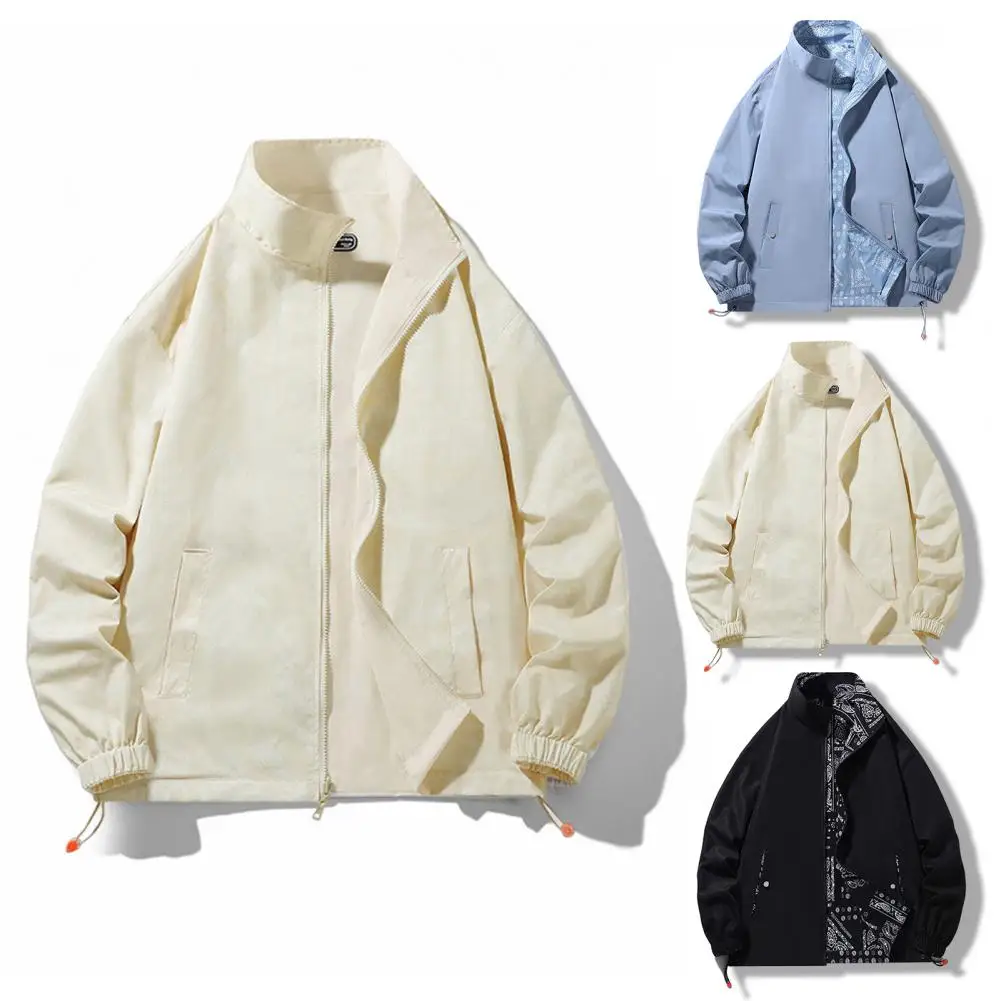 Men Fall Spring Jacket Reversible Double sided Wear Coat Print Smooth Loose Windproof Long Sleeve Stand Collar