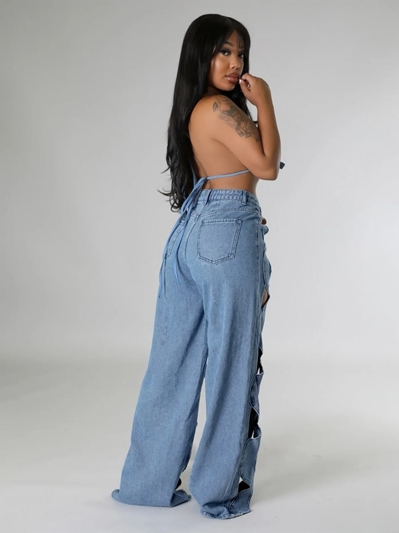 High Stretch Cross Hollow Out Loose new Denim Pants for Women Sexy High Waits 2025 Straight Jeans Trousers Streetwear Bottoms Y2K Femme
