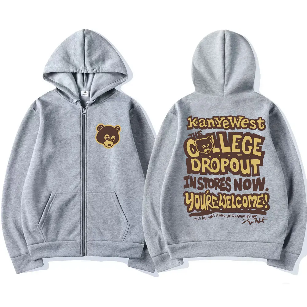 Kanye West The College Dropout Graphic Zipper Hoodie Men Women Hip Hop Vintage Hoodies Male Fleece Oversized Zip Up Jacket Coat