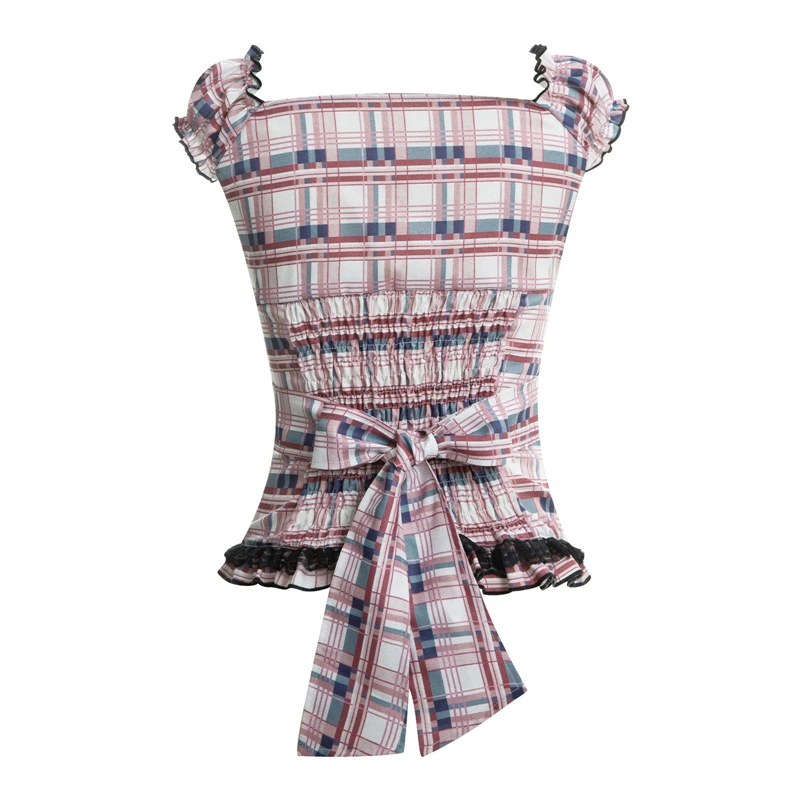 Xingqing y2k Women Plaid Tops Ruffles Square V Neck Short Sleeve Lace Trim T-shirt Kawaii E Girl Clothes 2000s Aesthetic Tee