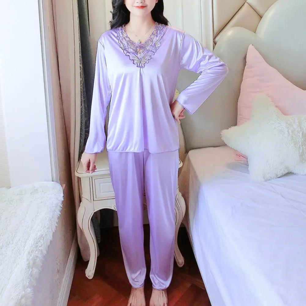 Women Top Pants Set Silky Satin Lace Embroidery new Pamas Set V Neck Top Elastic Waist Pants Soft Sleepwear for Women 2025 2 Pcs/set