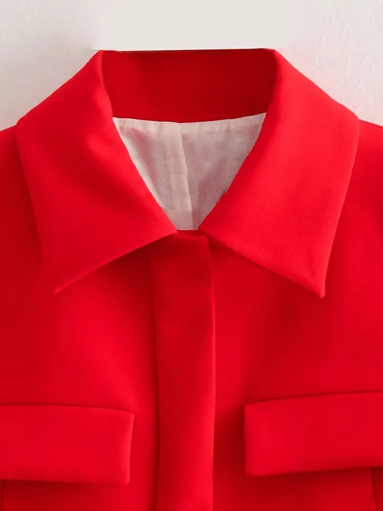 Elegant Lapel Women Pocket Red Jacket Long Sleeve Single-breasted Short Coat 2023 Autumn Winter Office Lady Commuter Tops smile