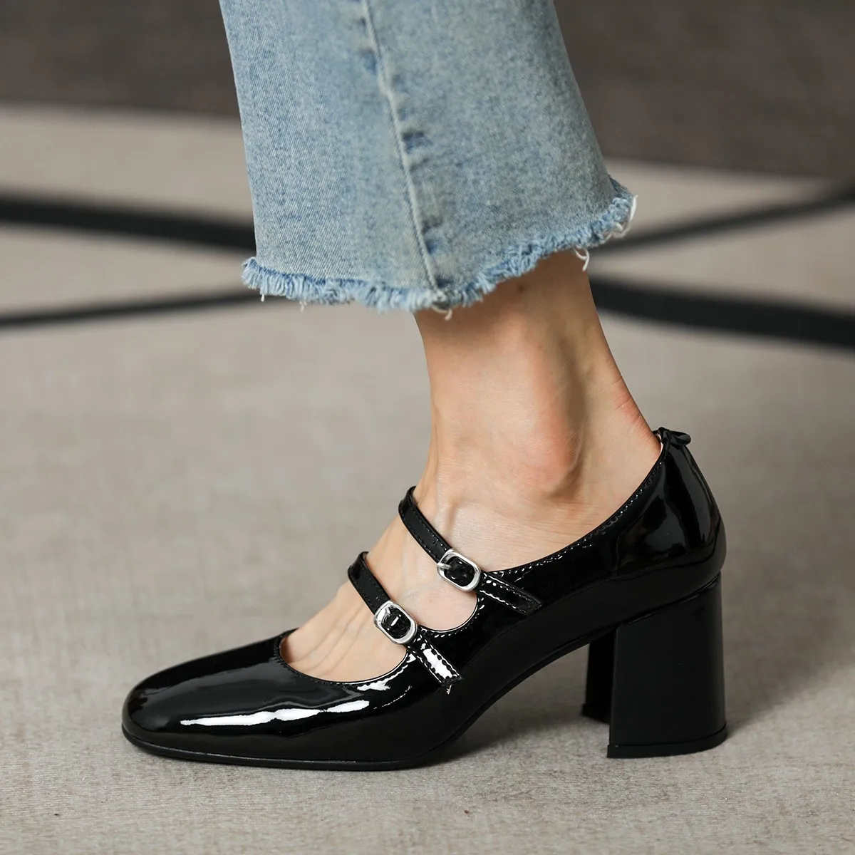 Women Pumps Mary Jane SquareToe Spring Atumn Patent Leather Pumps Two Straps Med Heel Elegant Women Round Toe Shoes