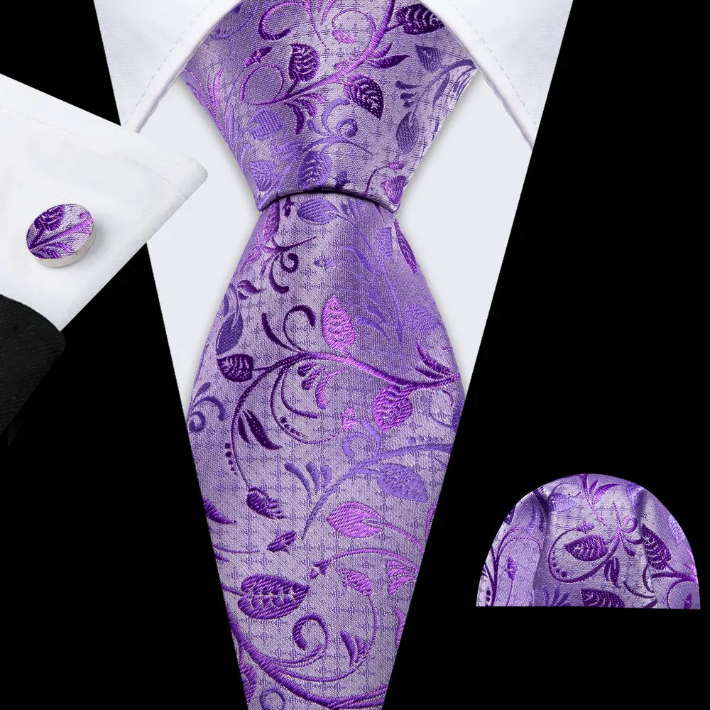 Purple Floral Men's Tie With Pocket Square Cufflink Sets Exquisiet Silk Suit Necktie For Male Wedding Designer Party Barry.Wang
