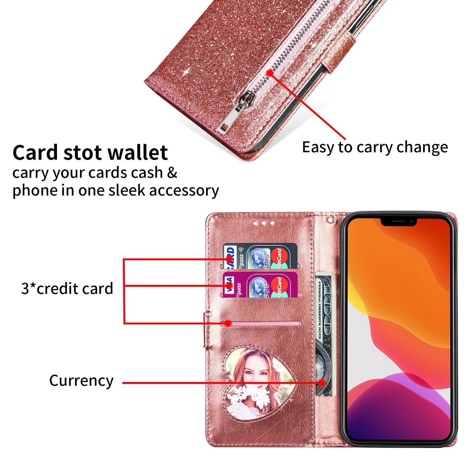 Zipper Flip Wallet Glitter Leather Case for iPhone 15 14 13 12 11 Pro Max XS XR 8 7 6 Plus SE 2022 Mini Bling Stand Phone Cover