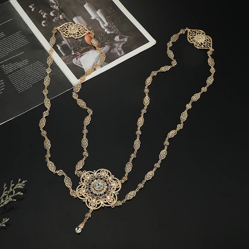 Moroccan Wedding Back Jewelry for Women Flower Design Gold Color Crystal Shoulder Chain Jewelry Kaftan Long Necklace