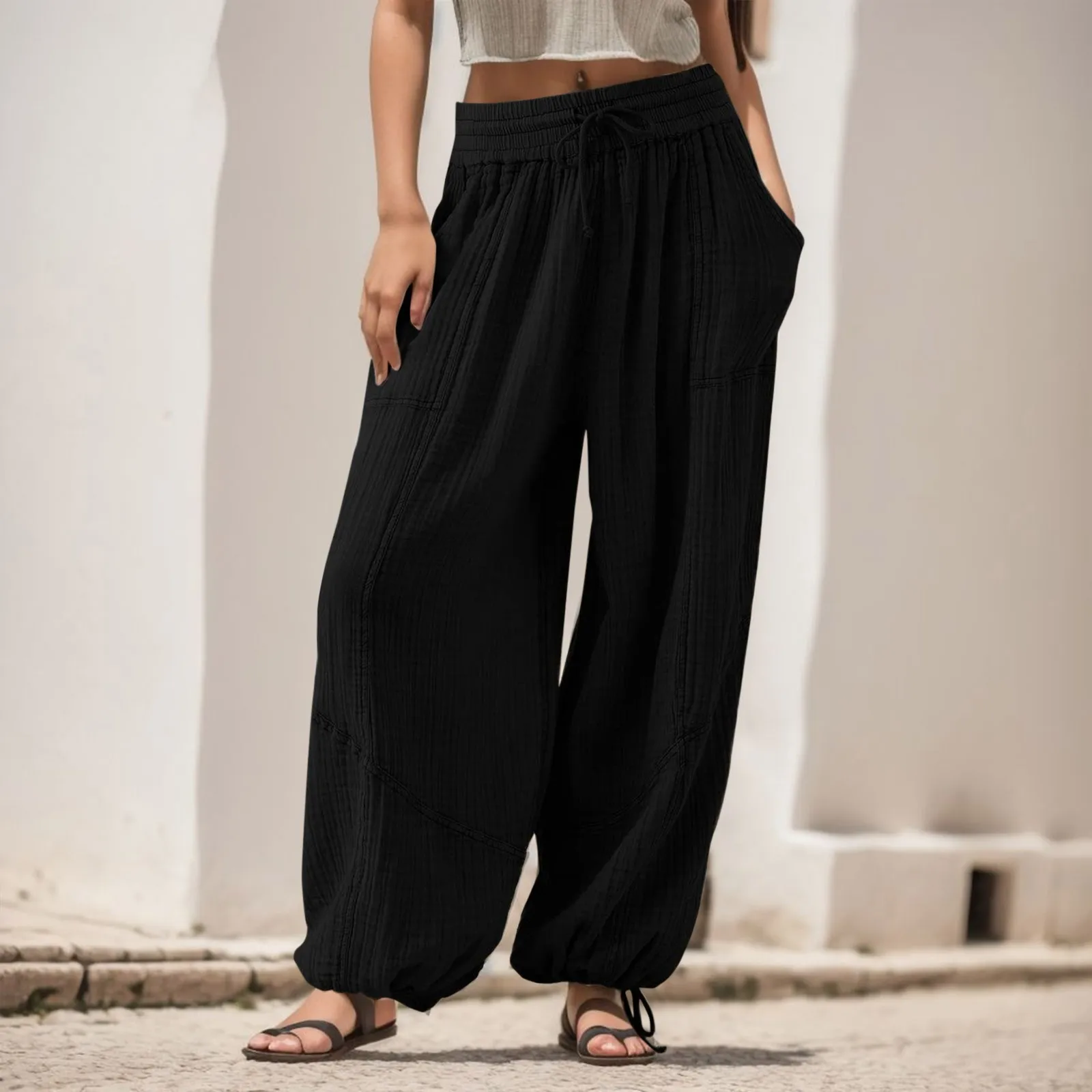 Women's Pants Loose Solid Elastic Waist Pocket Harem Pants Summer Vintage Boho Beach Trousers High Waist Wide Leg Pants