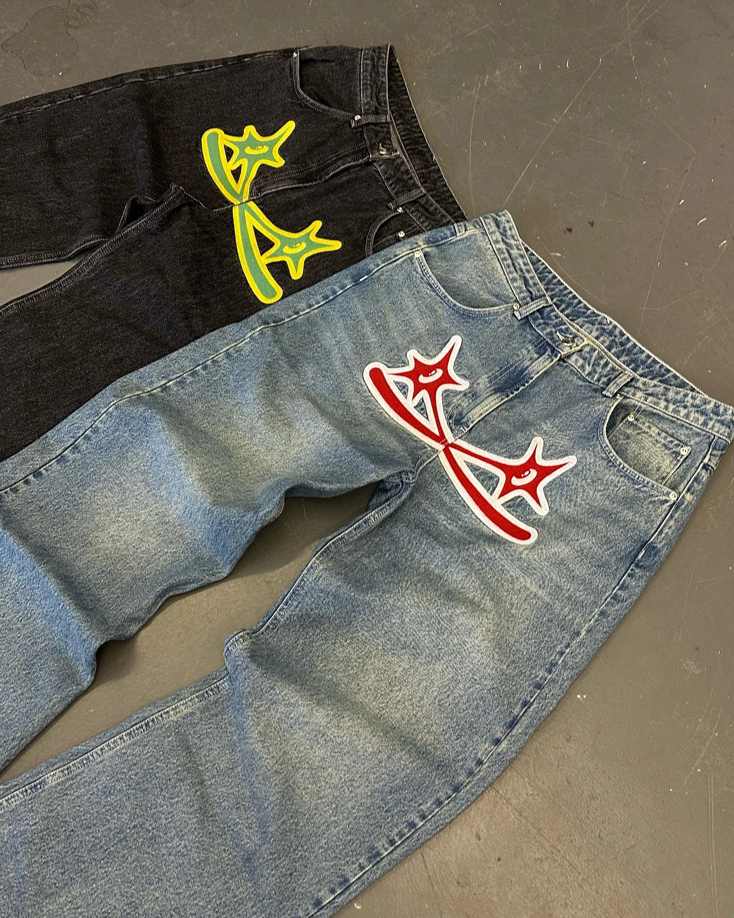 PROTECT Y2k New Hip Hop Cross Star Print Jeans Gothic Retro Baggy Blue Black Men Denim Pants Punk Straight Trousers Streetwear