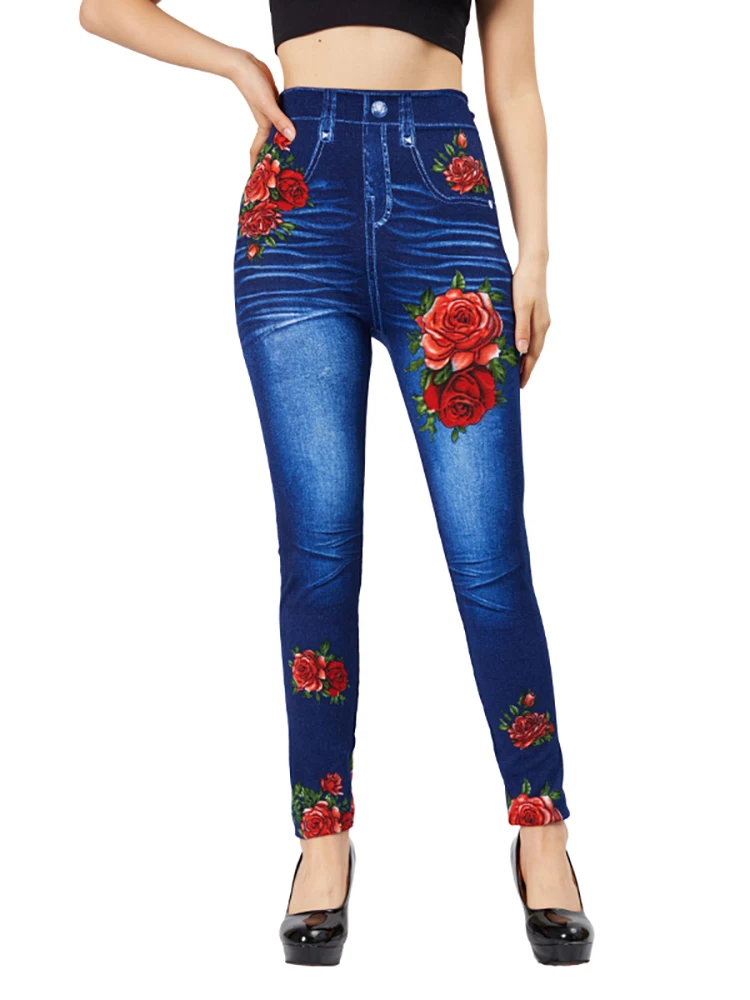 CUHAKCI Elegant Women Casual Fake Jeans Red Rose Flower Print Vintage Stretch Pencil Pants Slim Fit Thin Workout Yoga Jeggings smile