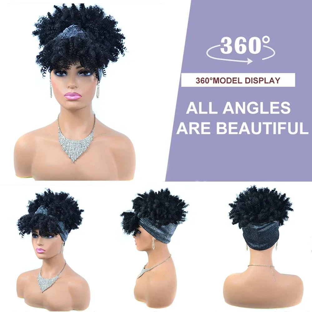 Short Kinky Curly Headband Wigs Afro Puff Curly Headband Wig For Women Natural Synthetic Turban Wrap Wig Cosplay Daily Use