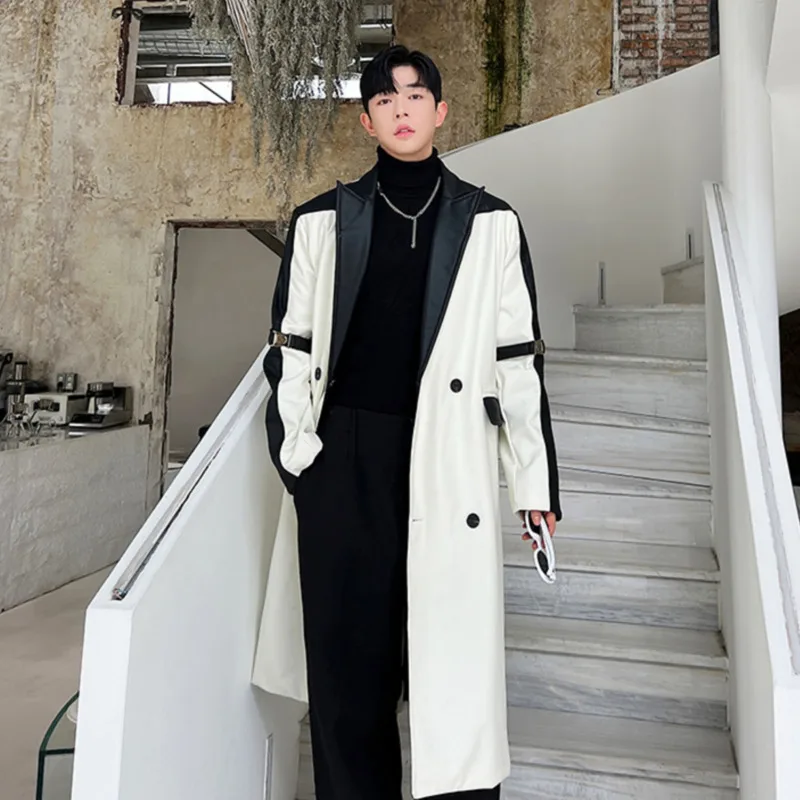 IEFB Korean Style Long Windbreaker Men's Autumn Winter Trend Niche Design Black White Contrast Color Leather Trench Coat 9C3158