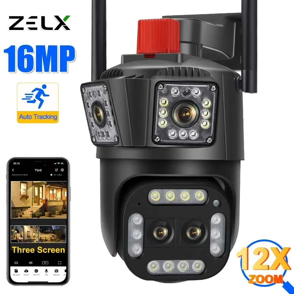 8K 16MP WiFi IP Camera 12X Zoom Four Lens Three Screen Outdoor PTZ Security Cam AI Auto Tracking 8MP HD Video Surveillance CCTV