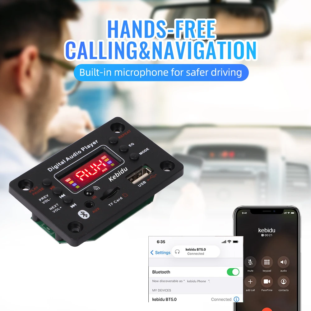 80W Amplifier Bluetooth 5.0 MP3 Decoder Board 7V-25V 12V MP3 Player Module Car FM Radio TF USB AUX Handsfree Call Recording