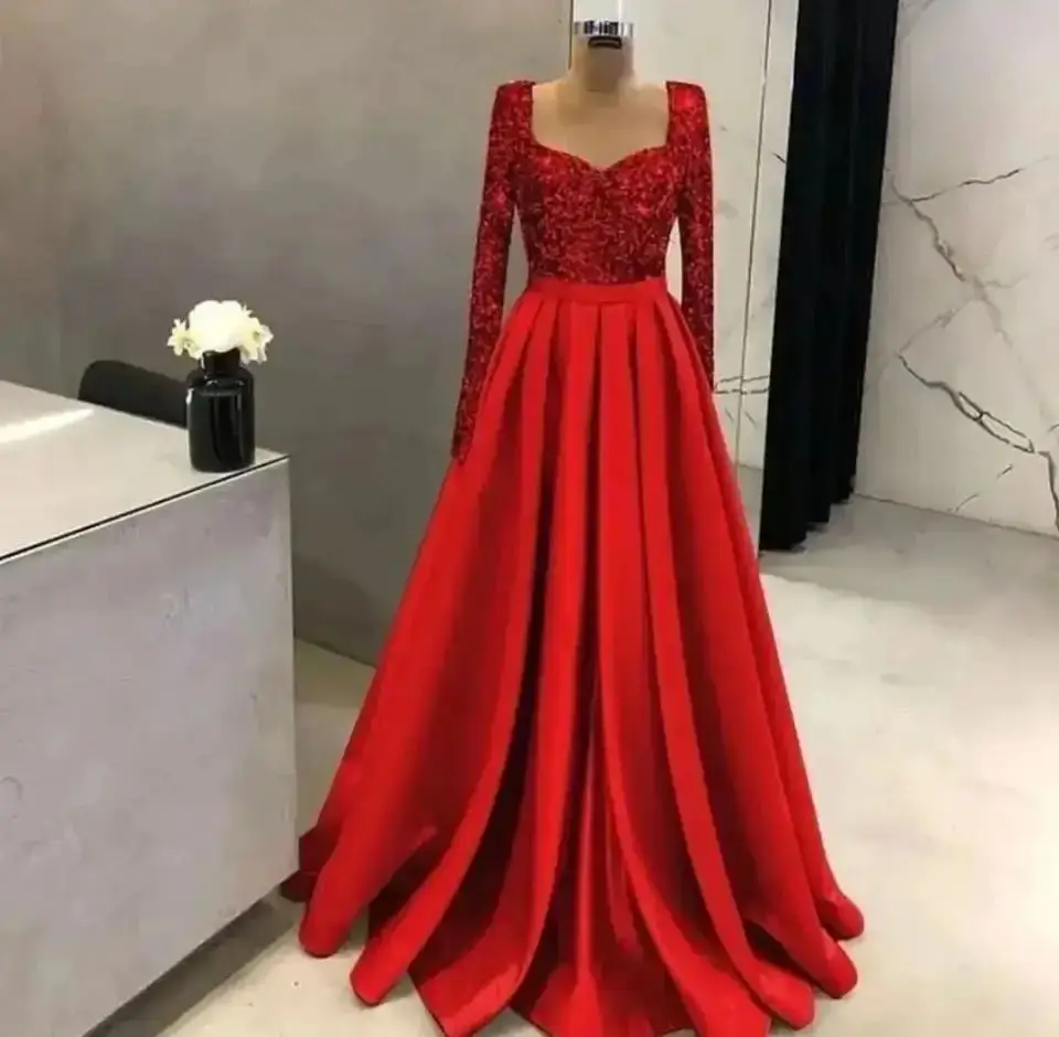 Elegant Muslim Sequin Evening Night Dresses for Women 2024 Long Sleeves Sweetheart Aline Satin Wedding Prom Formal Party Gowns