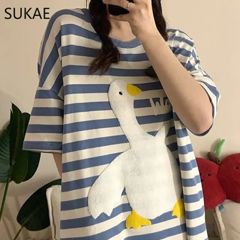 Korean Big White Swan Embroidery Sleepshirt for 2025 Women Summer Short Sleeve Long Nightgowns Mid-Calf Gowns Blue new Strip Nightdress