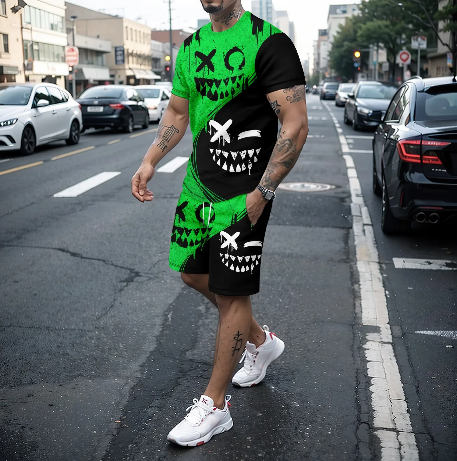 Summer round neck short sleeved T-shirt and shorts set men's 2-piece set 3D funny smiling face pattern casual street sportswear
