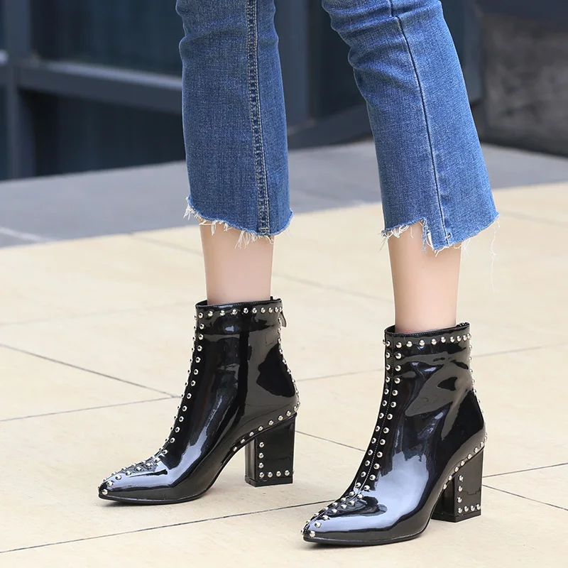 Winter Rivet Women Ankle Boots High Block Heels Pointed Toe Black Studded Patent Leather Plush Casual Ladies Zipper Short Boots