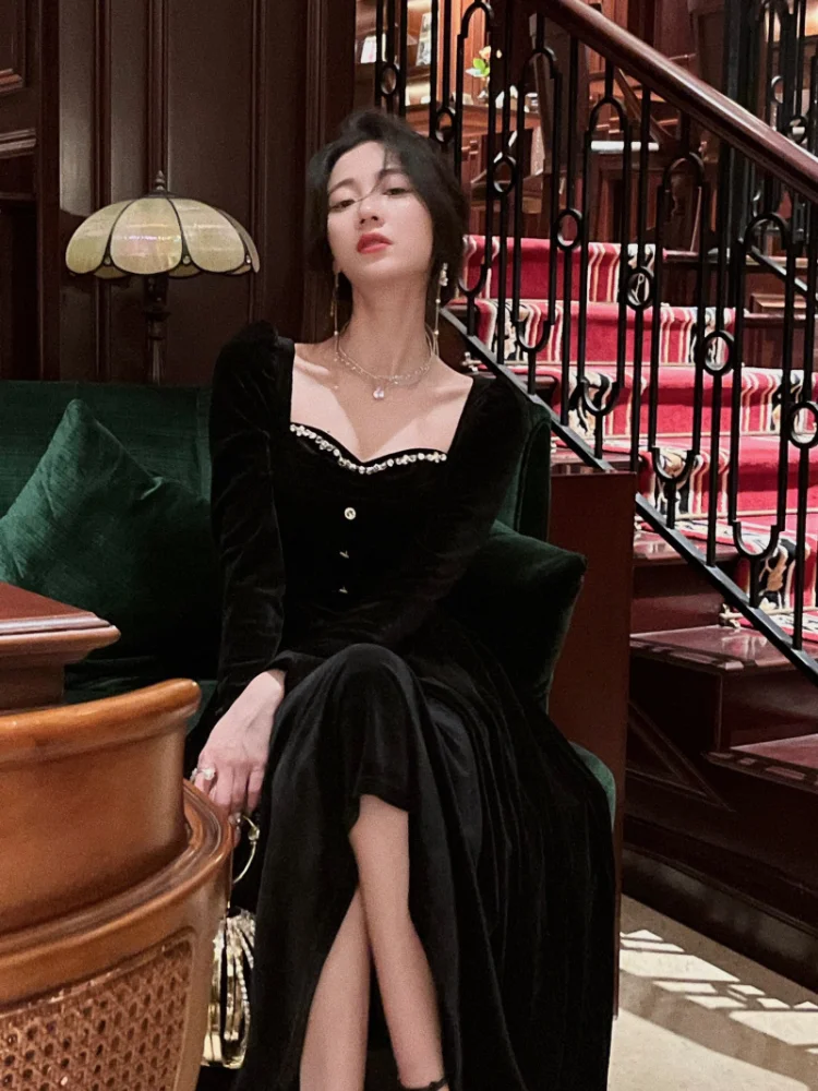 Elegant 2025 Wedding Party Black Veet Midi Dresses for Women 2023 Autumn new Square Neck Long Sleeves Evening Prom Mini Female Clothing