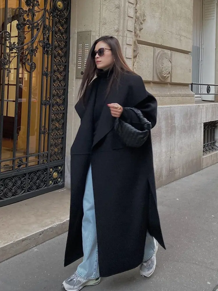 Split Wool Blends Long Overcoat Female's Solid Lapel Cardigan Maxi Coat 2023 Autumn Long Sleeve Ladies Street Chic Outerwear