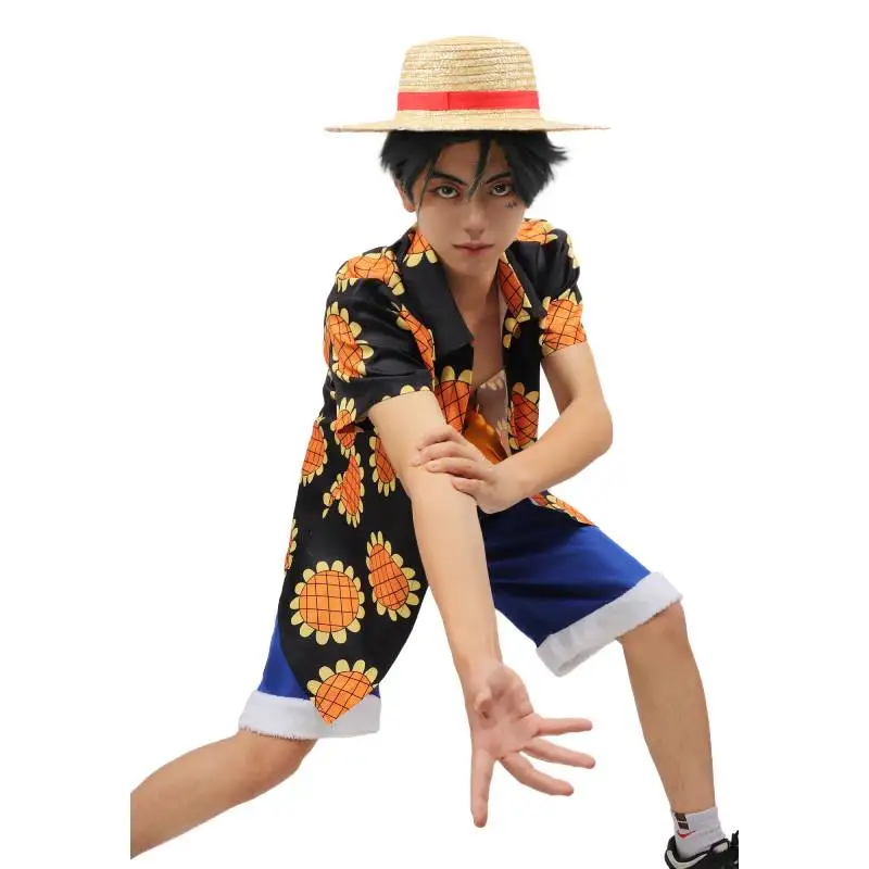 2025 DAZCOS Hot Anime Luffy Cosplay Men Shirt Summer Daily Wear Stage new Performance Halloween Suower Shirt Short with Sash