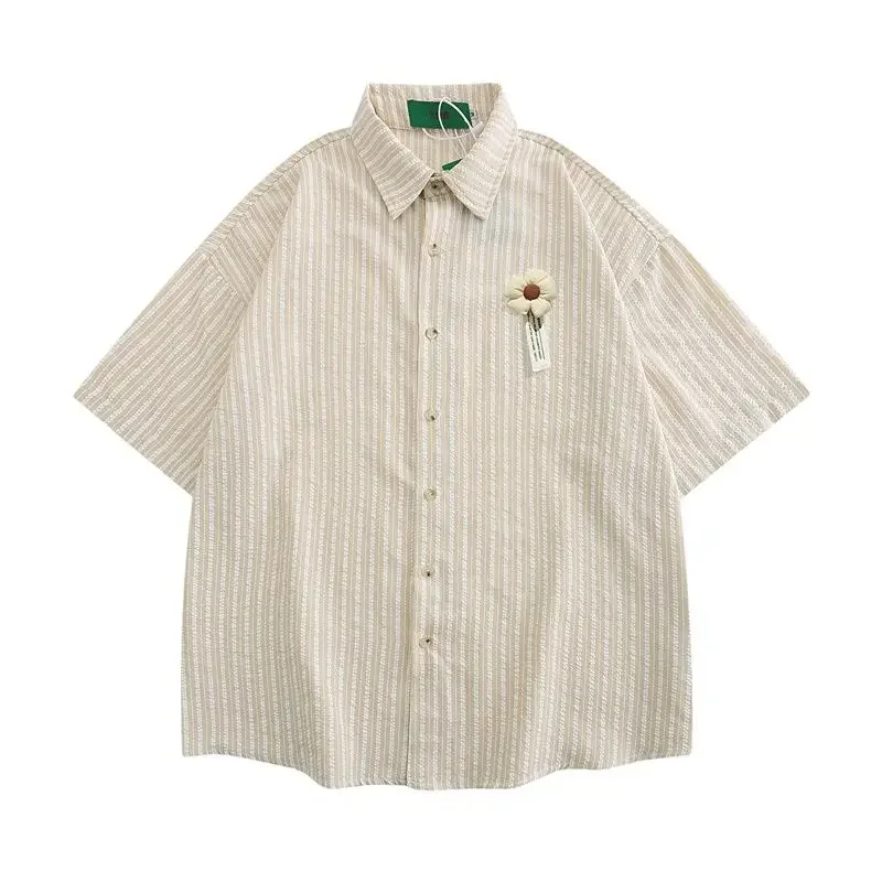 HK Style new Vintage Flower Striped Short 2025 Sleeve Shirt Men Loose Couple Casual Shirts for Summer