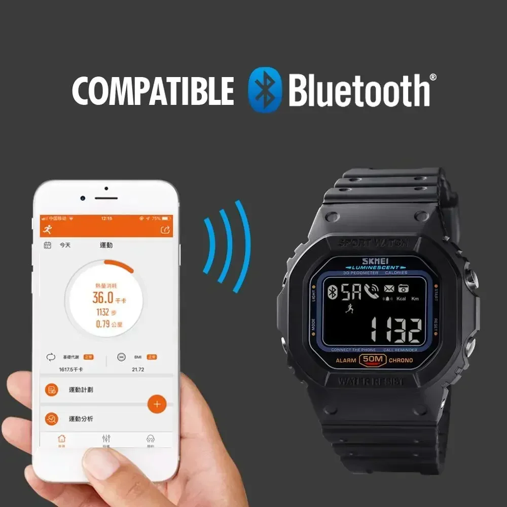 Digital SKMEI Watch Sport with Pedometer Calorie Tracker For Iphone Huawei Xiaomi Male relogio Mens Bluetooth Wristwatches 1629 smile