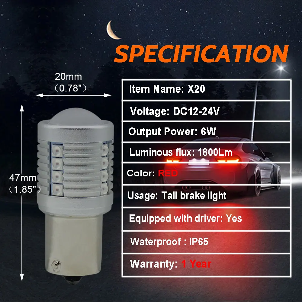 2PCS Super Bright 1800LM P21/5W BAY15D 1157 LED Bulbs P21W BA15S 1156 White Red Car Tail Brake Stop Lamp Reverse Back Up Light