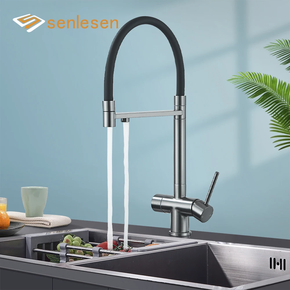 Senlesen Filter Water Kitchen Faucet Gray Pull Down Flexible Sprayer Deck Mounted Hot Cold Mixer Crane Tap 360 Degree Rotation