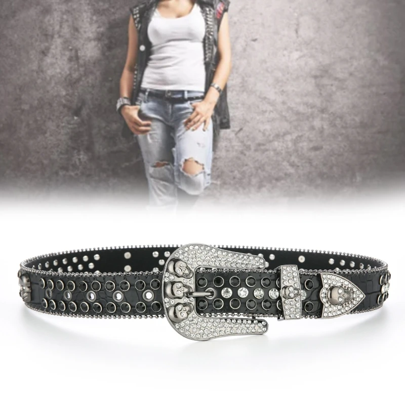 Rock Buckle Belts Woman Skull Decor Waist Belts Western Cowgirl Y2K Girls Belt for Jeans Men