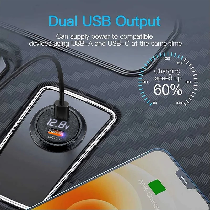 Type c usb socket 12v fast charge with voltmeter Power Outlet Dual USB adapter 12V/24V for Cars Boats Motorcycle