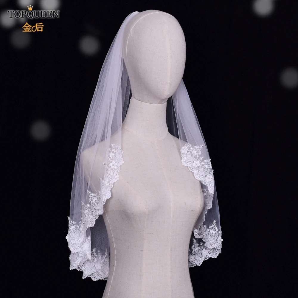 TOPQUEEN Bridal Veils with 3d Flowers Wedding Veil Short Veil Soft Elbow Length Pearl Veil with Comb Lace Edge Bride Veu V96