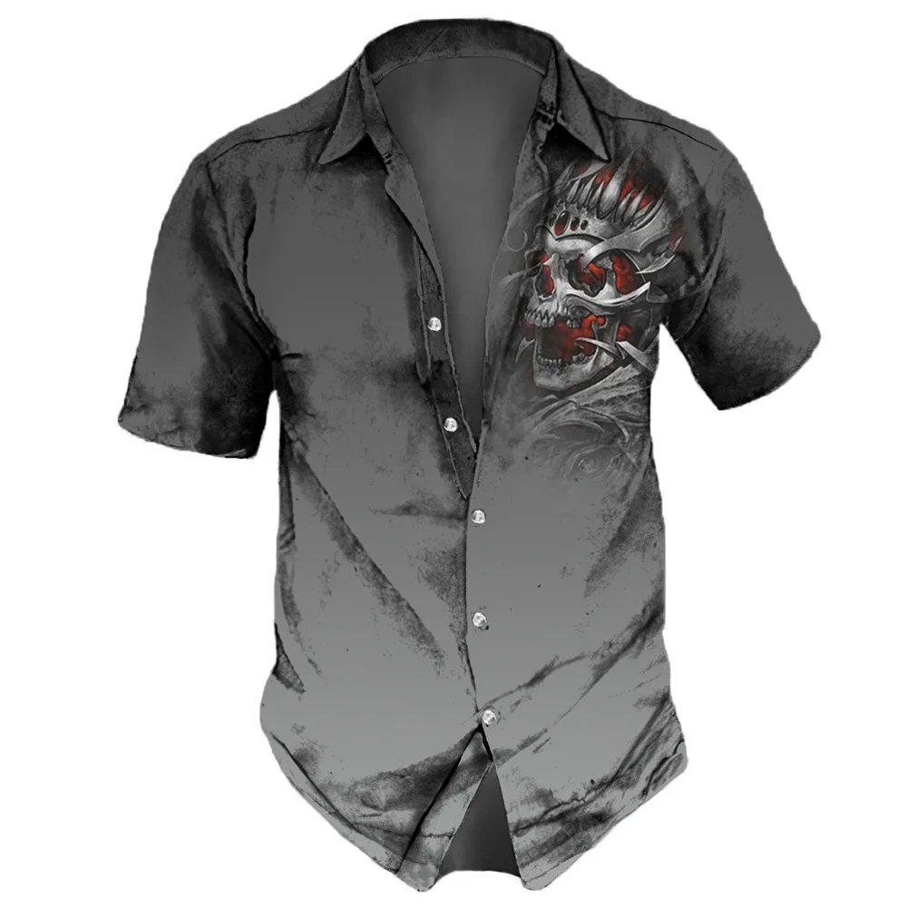2023 Men's new Shirts Lapel Streetwear Vintage Shirt For Men Skull Hip Hop 2025 Short Sleeve Top Party Summer Casual Men Hawaiian Shirts