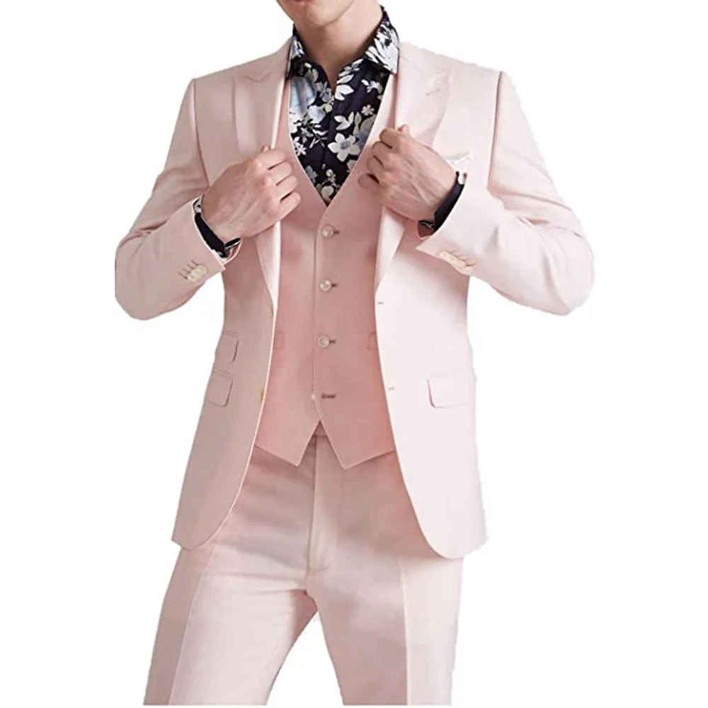 Pink Suits For Men Wedding Elegant Blazer Single Breasted Peaked Lapel Ropa Hombre 3 Pcs Jacket Pants Vest Slim Fit Tailor Made