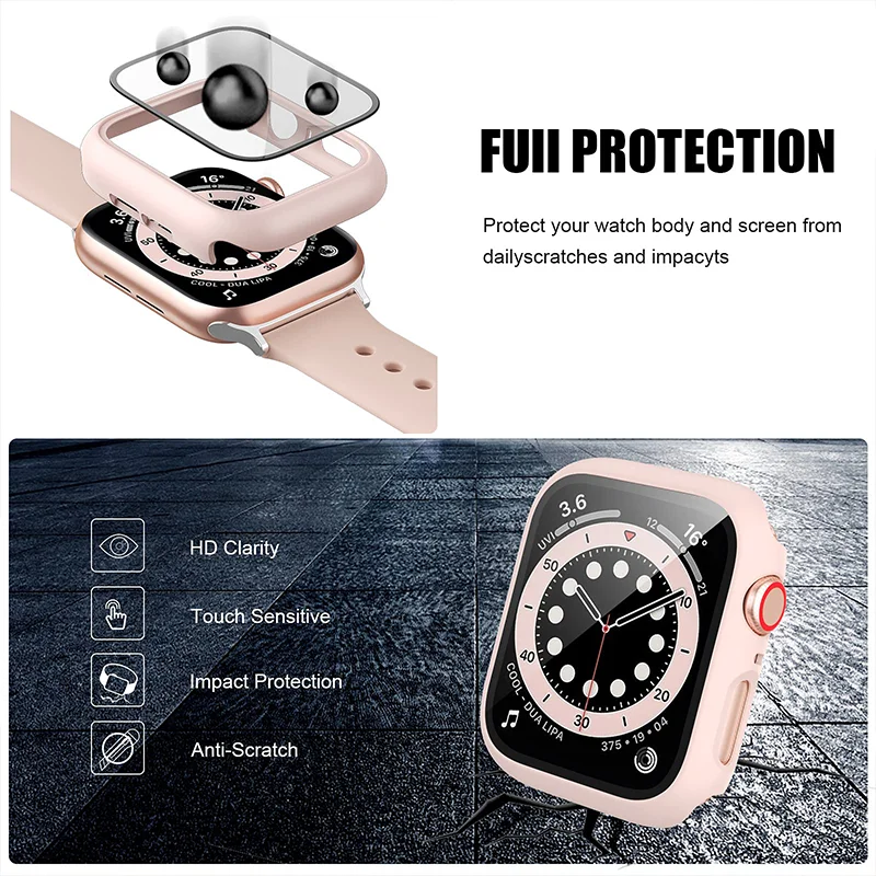 Glass+ Case For Apple Watch series 8 44mm 45mm cover 40mm 42mm 38mm 41mm bumper Screen Protector iwatch 7 6 5 4 3 SE Accessories