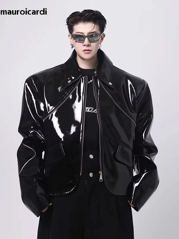 Mauroicardi Spring Autumn Cool Loose Short 2025 Black Shiny Reflective new Patent Faux Leather Jacket Men Zipper Designer Clothes