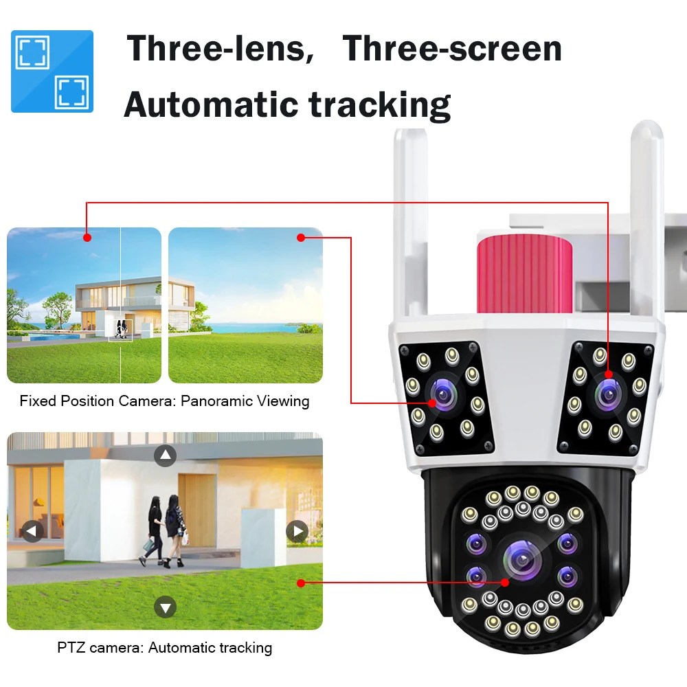 6K 12MP WIFI IP HD Outdoor Camera PTZ 8X Zoom Waterproof Cam Three Lens Three Screens CCTV Video Camera Security Protection